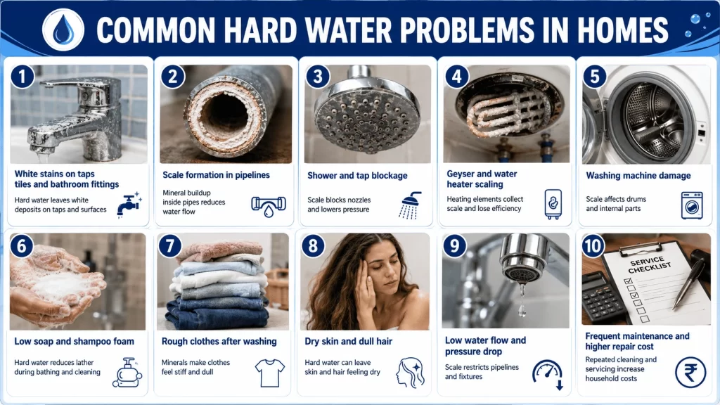 Common hard water problems in homes including white stains on taps scale formation in pipelines geyser scaling shower blockage low water flow and washing machine damage