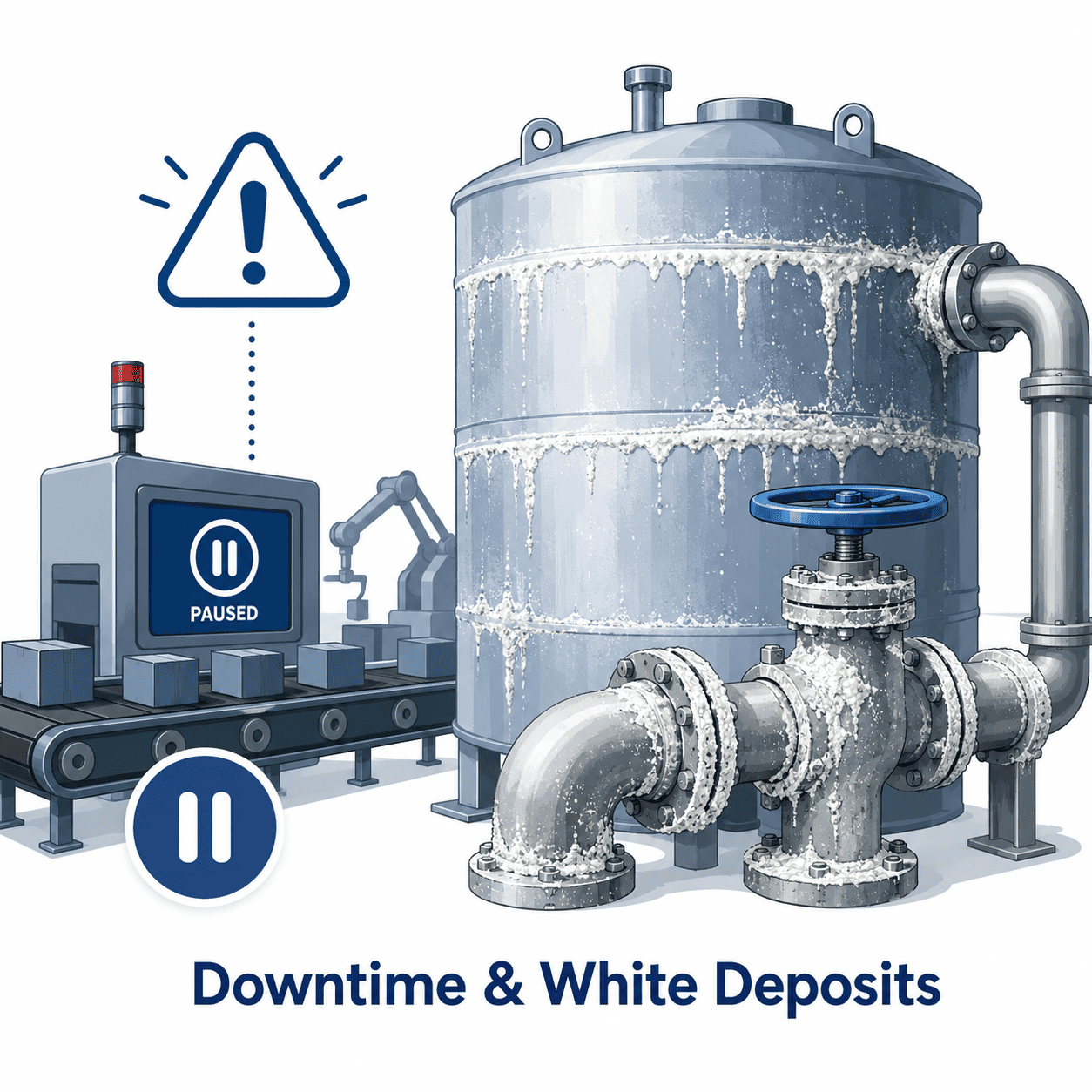 Downtime and white deposits in industrial equipment
