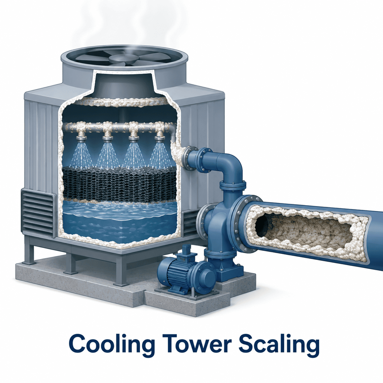 Cooling tower scaling caused by hard water