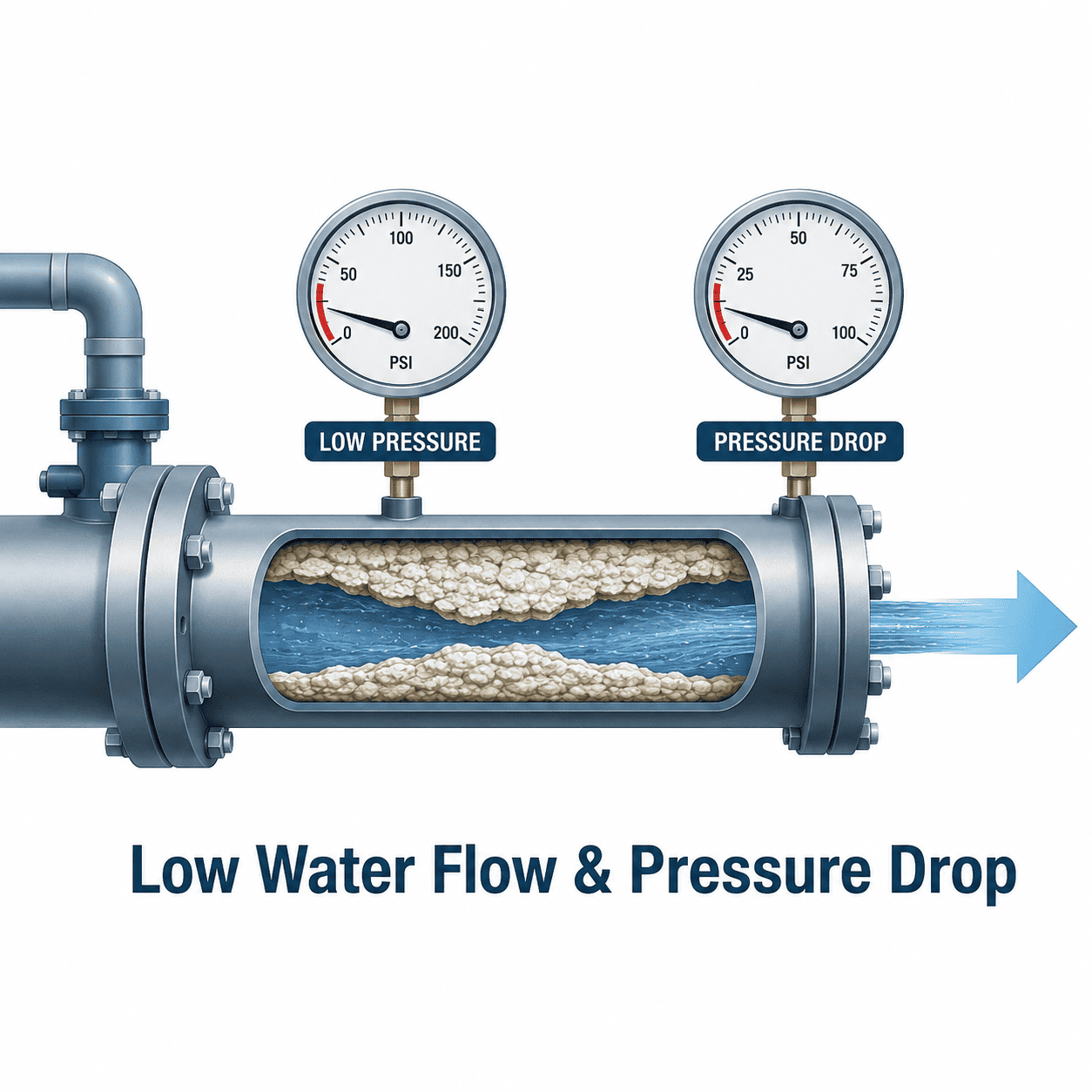Low water flow and pressure drop in industrial pipelines
