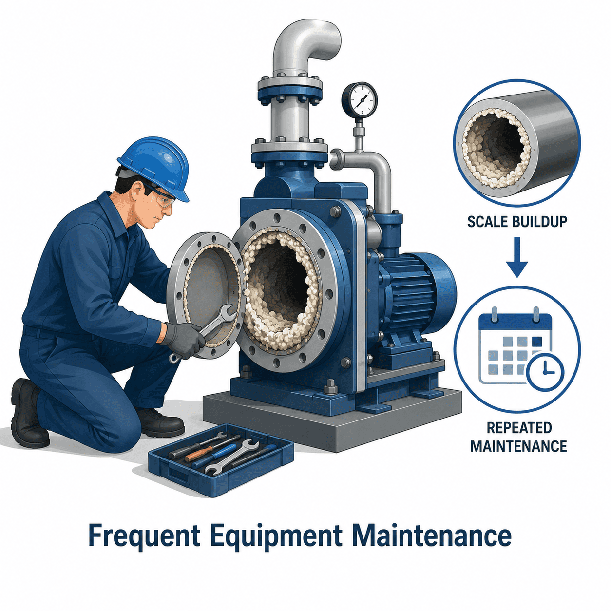 Frequent equipment maintenance caused by scale buildup