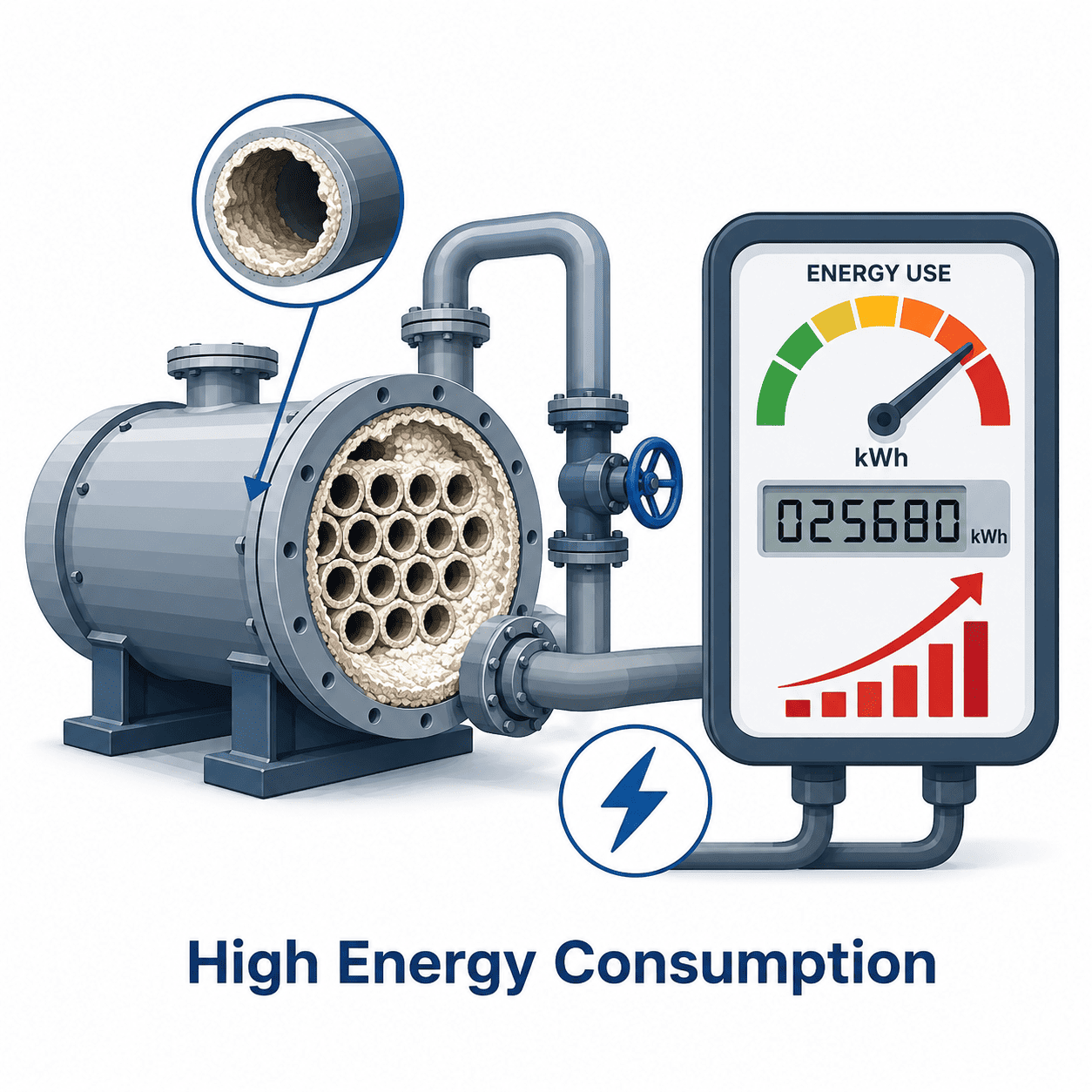 High energy consumption due to industrial hard water scaling