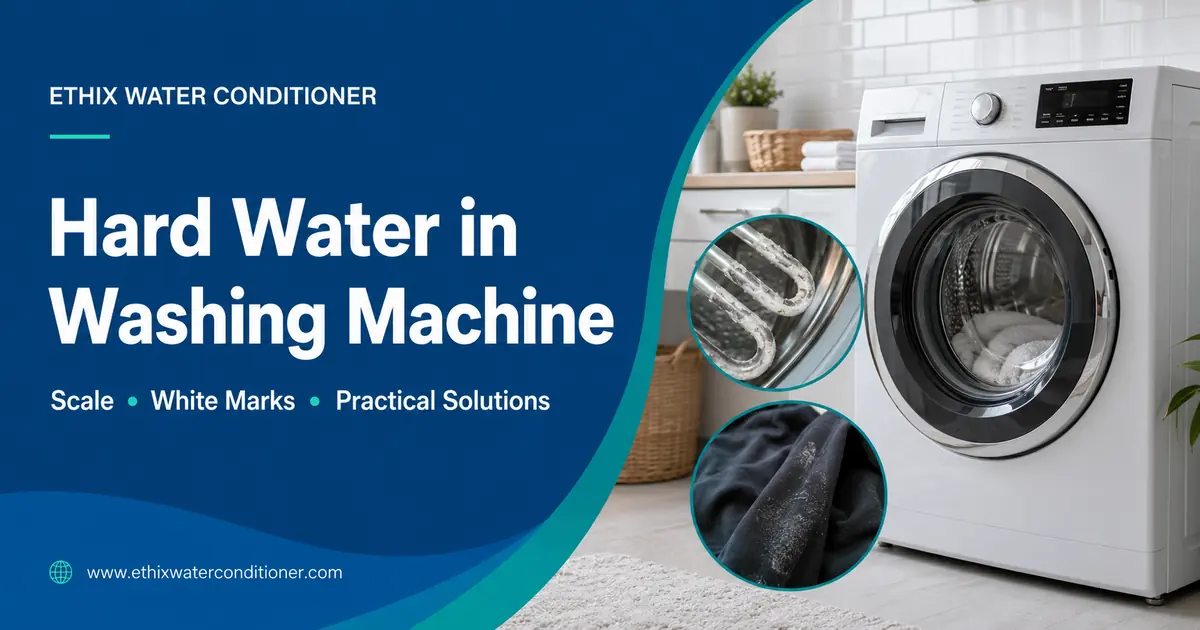 Hard water in washing machine causing scale buildup and white marks on clothes